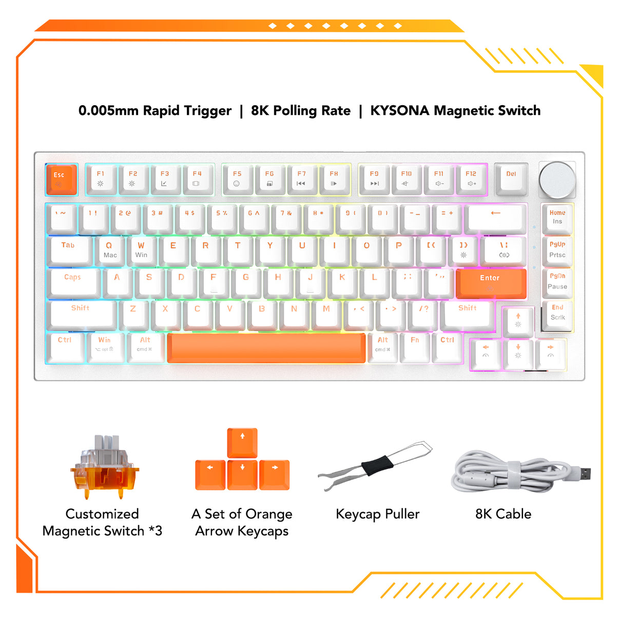 KYSONA KM82 HE Rapid Trigger Gaming Keyboard with magnetic switch and 8K polling rate, featuring sleek design and RGB backlit keys.