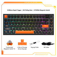 KYSONA KM82 HE rapid trigger gaming keyboard with magnetic switches, 0.005mm RT, 8K polling rate, black design, close-up view